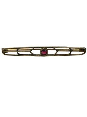 Art Deco Lines Gold Washed Bar Brooch Pin Ruby Crystal Prong Set Old Vintage 2"